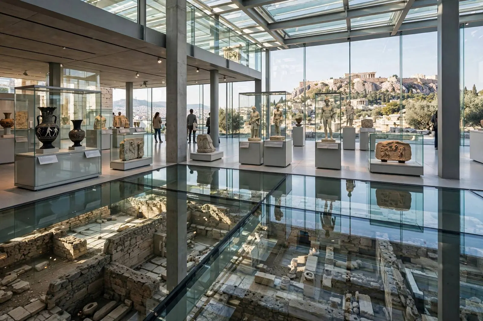 Acropolis Museum gallery with ancient statues overlooking the Acropolis, Athens