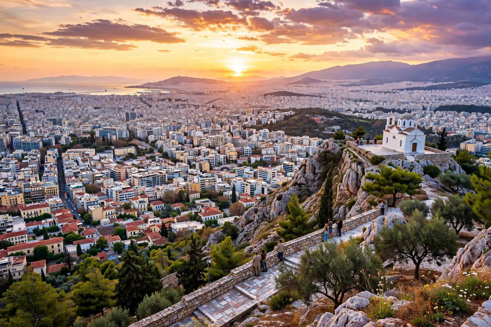 Athens cityscape at sunset from Mount Lycabettus with St. George chapel