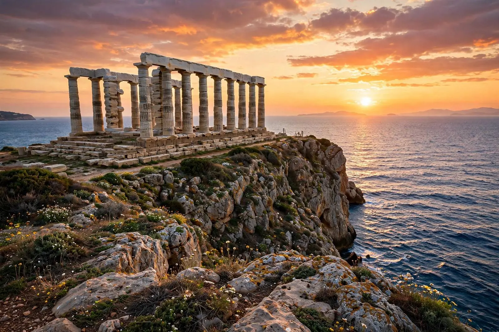 Temple of Poseidon at Cape Sounion over the Aegean Sea at sunset, Athens day trip