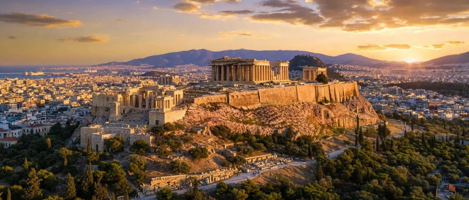 Acropolis of Athens at golden hour with the Parthenon