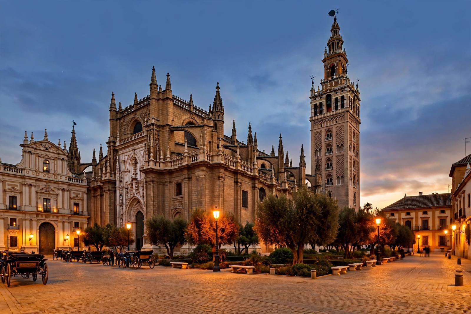 Seville Cathedral and Giralda tower at dusk