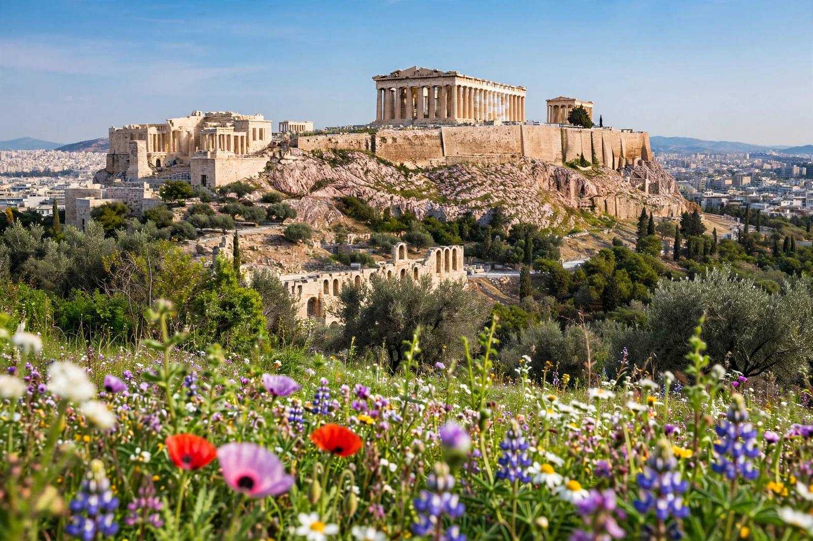 Acropolis and Parthenon in spring with wildflowers