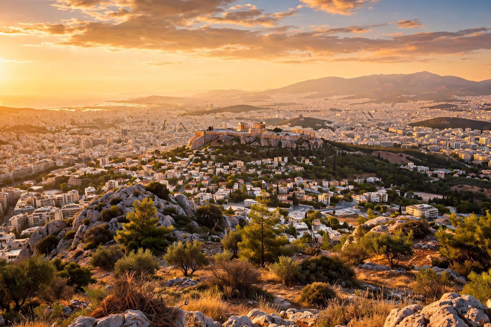 Athens sunset view from Mount Lycabettus with the Acropolis