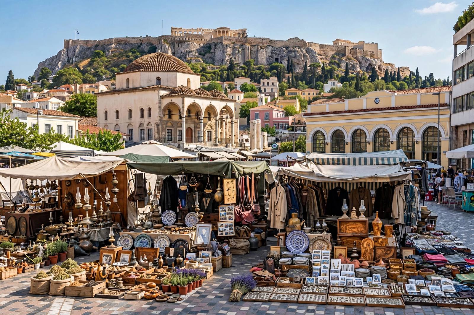 Monastiraki square flea market with the Acropolis above