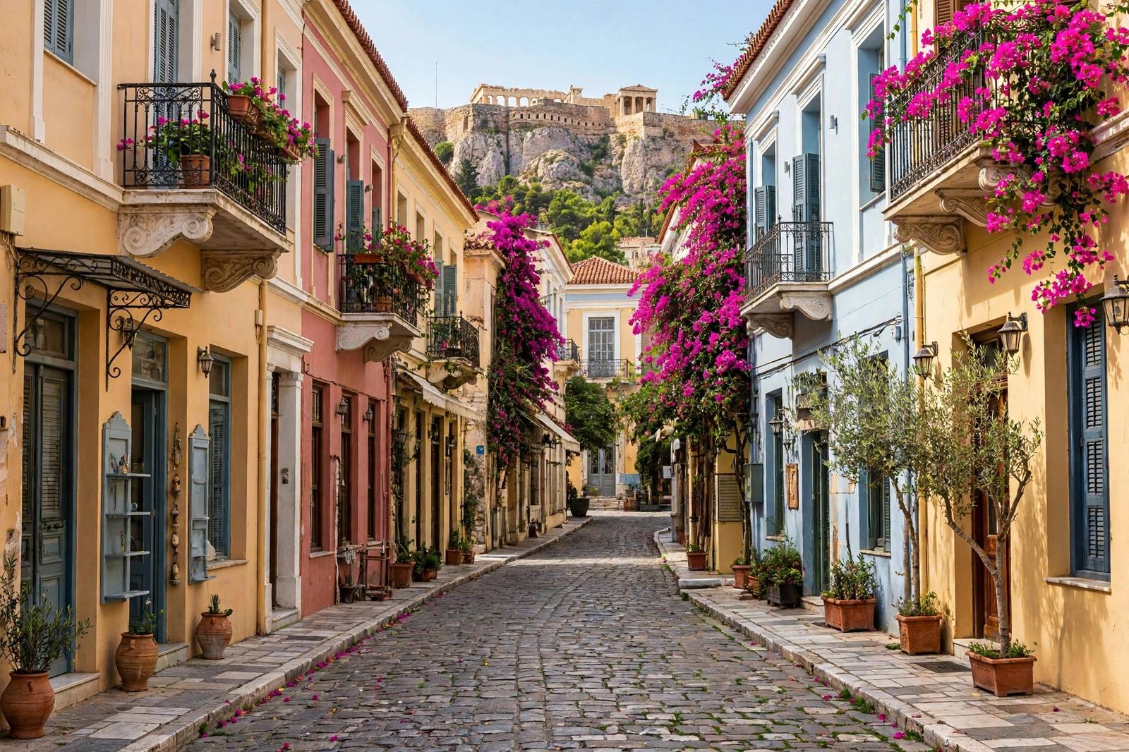 Plaka cobblestone street with bougainvillea below the Acropolis