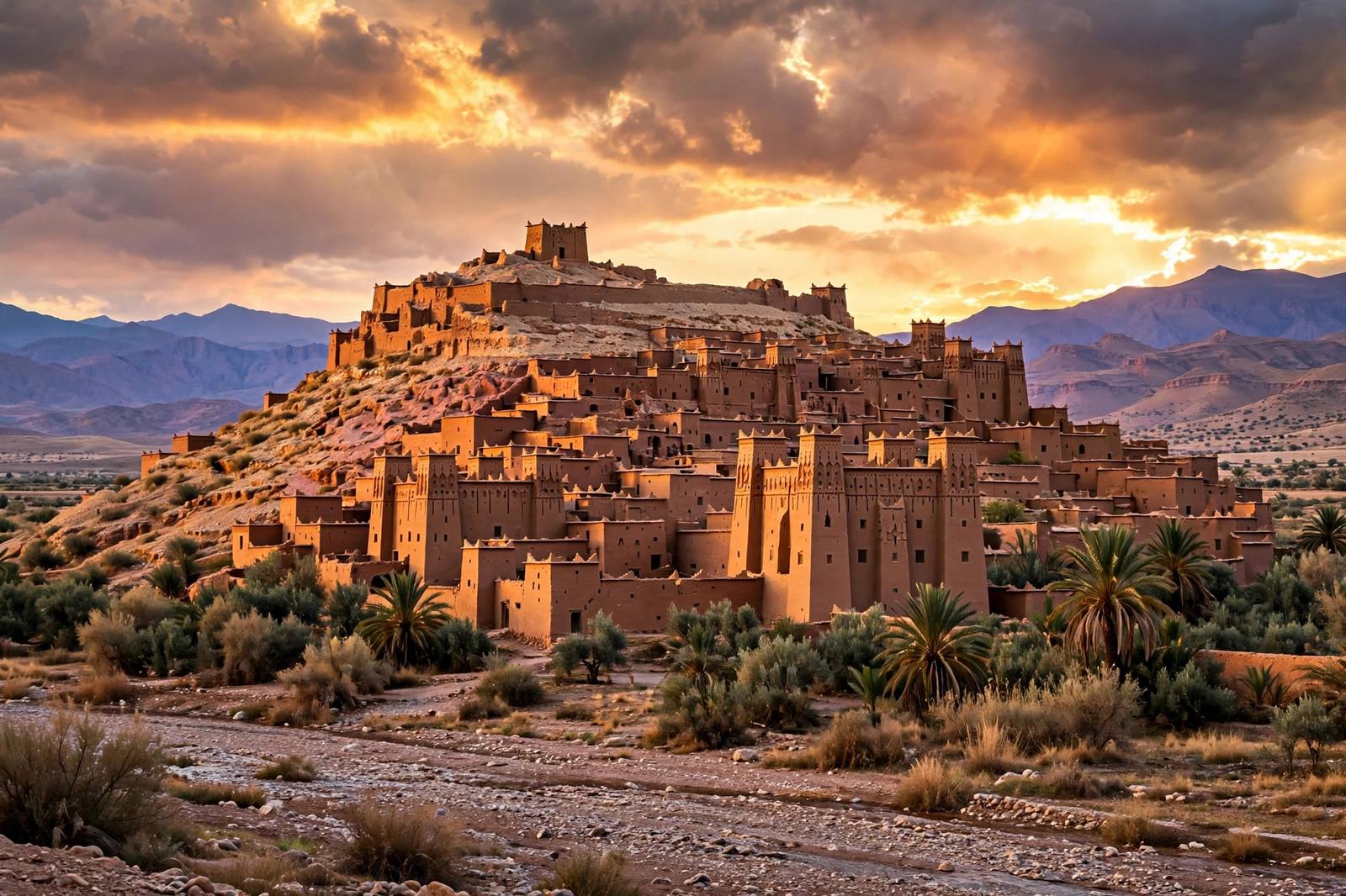 Ait Benhaddou ancient mud-brick ksar fortress at golden hour, Morocco