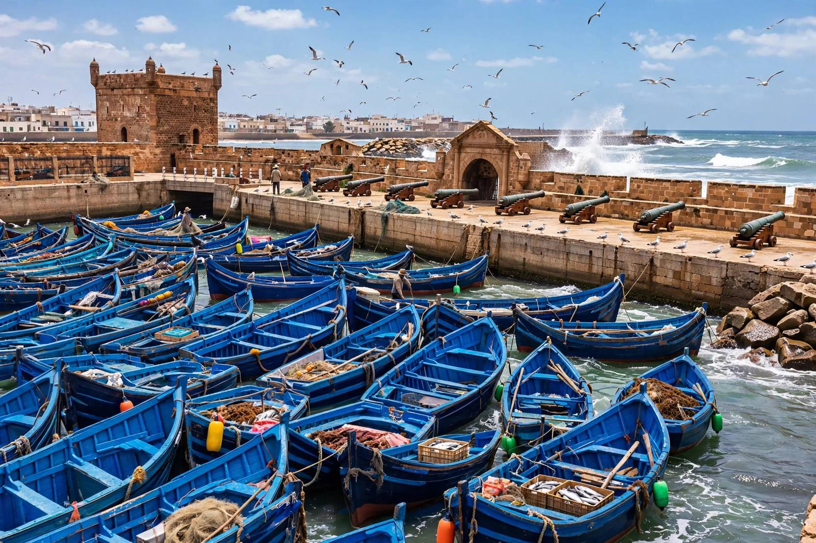 Historic port of Essaouira with blue fishing boats and stone ramparts, Morocco