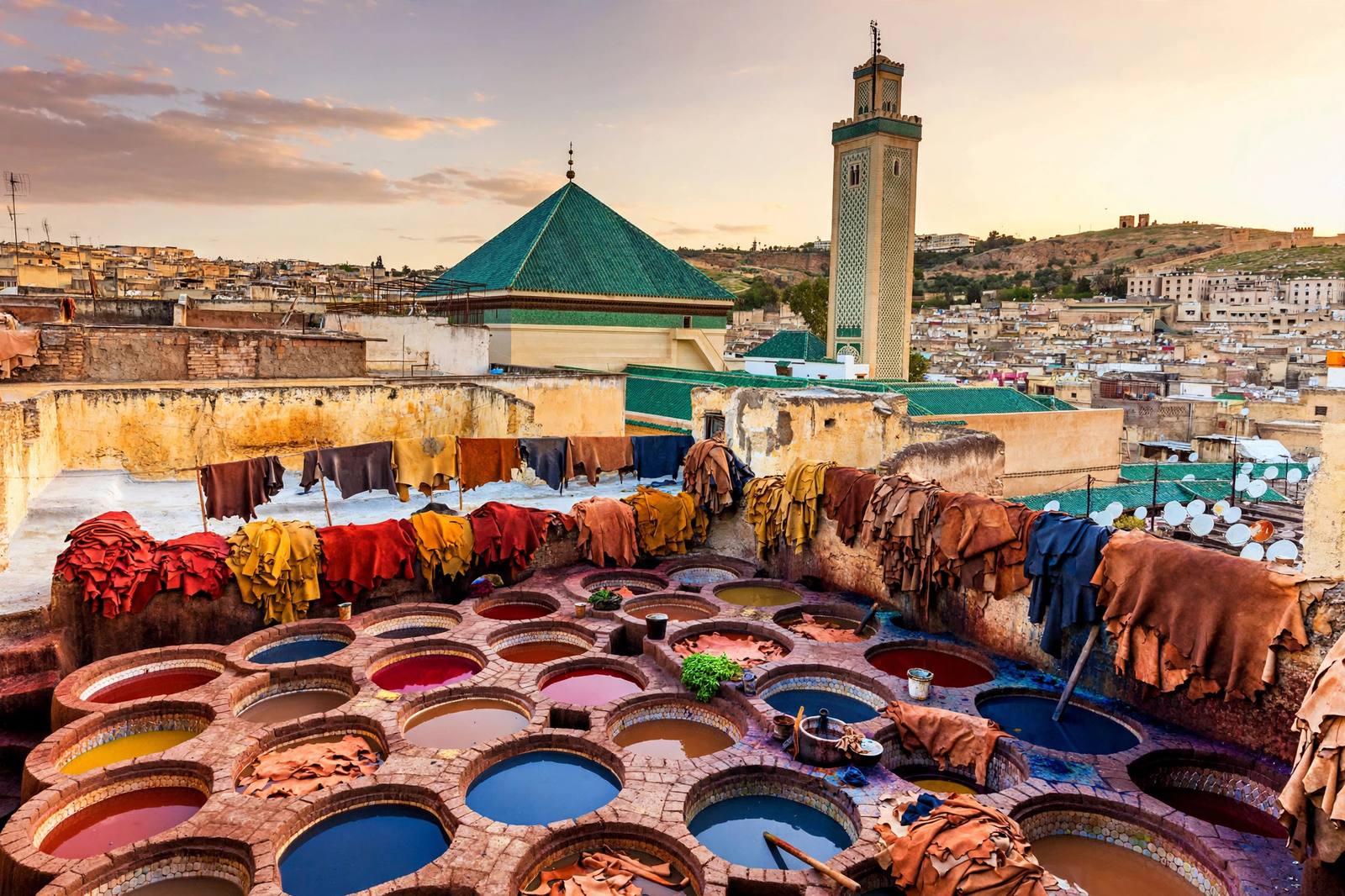 Fes el-Bali medina with Kairaouine mosque minaret and tannery dye pits, Morocco