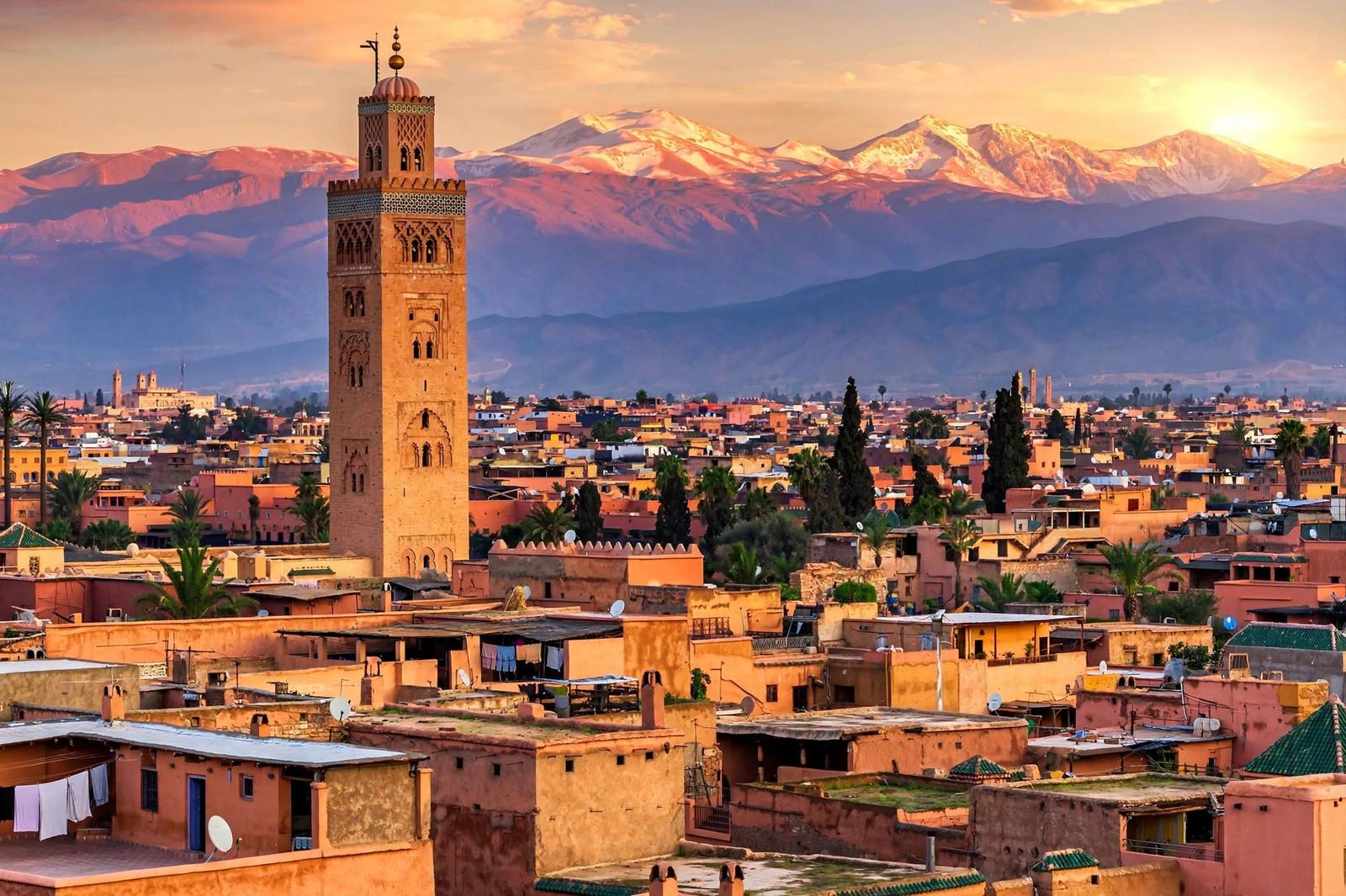 Koutoubia minaret towering over Marrakech medina rooftops at golden hour