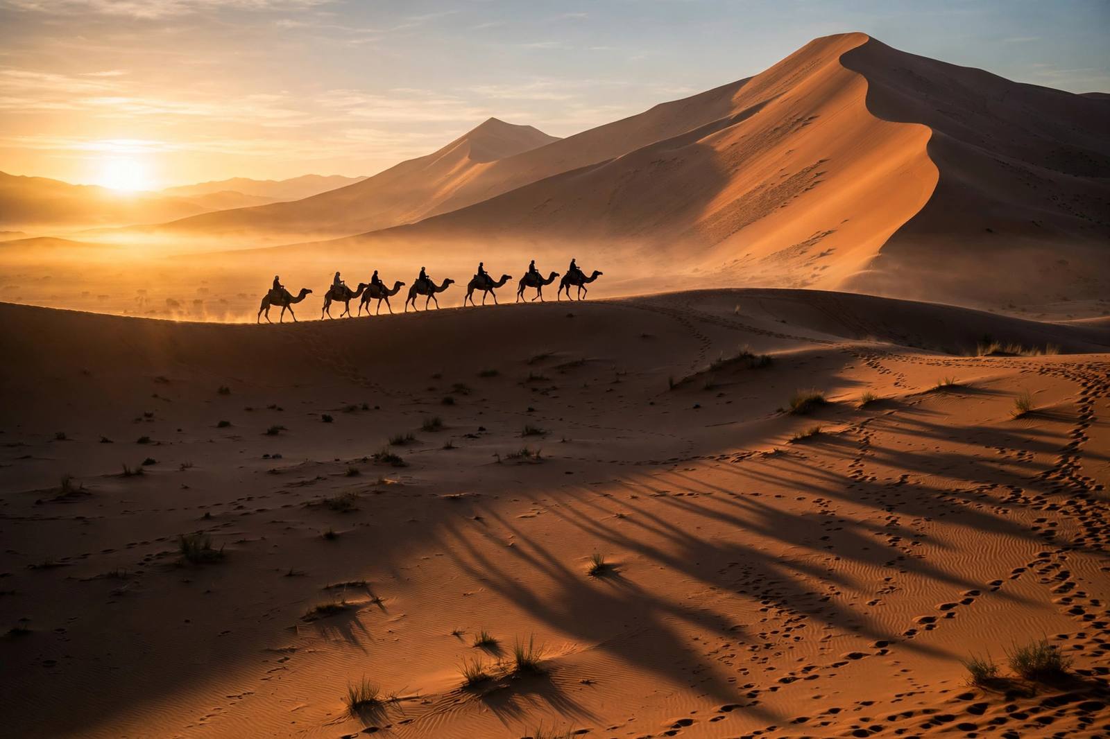 Erg Chebbi sand dunes at sunrise with camel caravan silhouette, Morocco