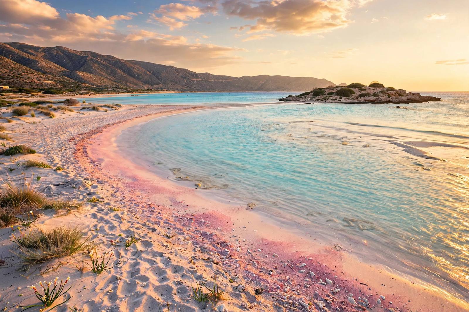 Pink sand and turquoise shallow water at Elafonissi beach, Crete, Greece — one of the best beaches in Greece