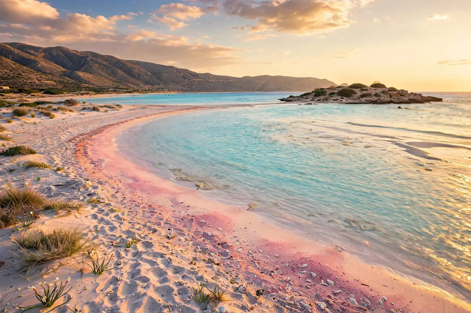 Pink sand and turquoise shallow water at Elafonissi beach, Crete, Greece — one of the best beaches in Greece