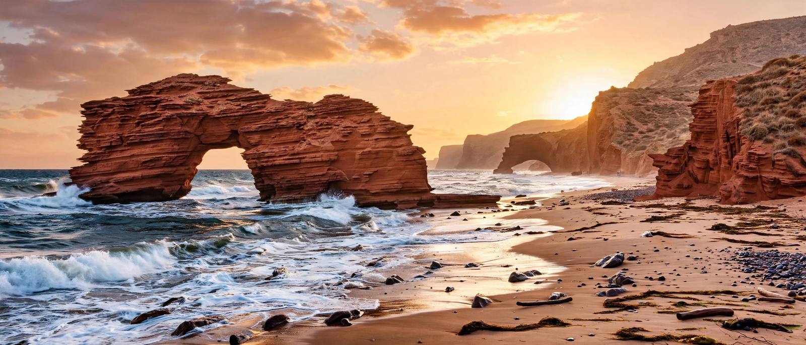 Natural red sandstone arches at Legzira beach at sunset, Morocco — best beaches in Morocco