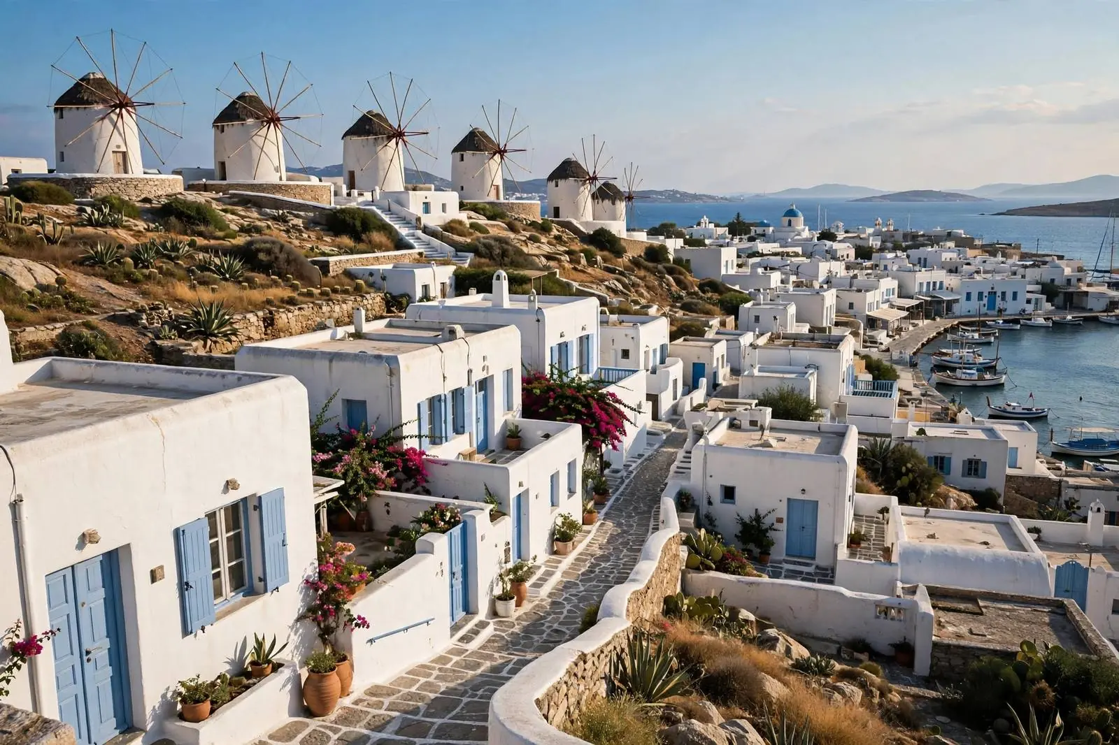 Mykonos windmills above whitewashed Chora, Cyclades islands Greece
