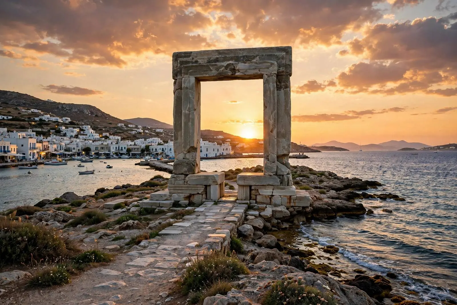 Naxos Portara marble gate at sunset, Cyclades islands Greece