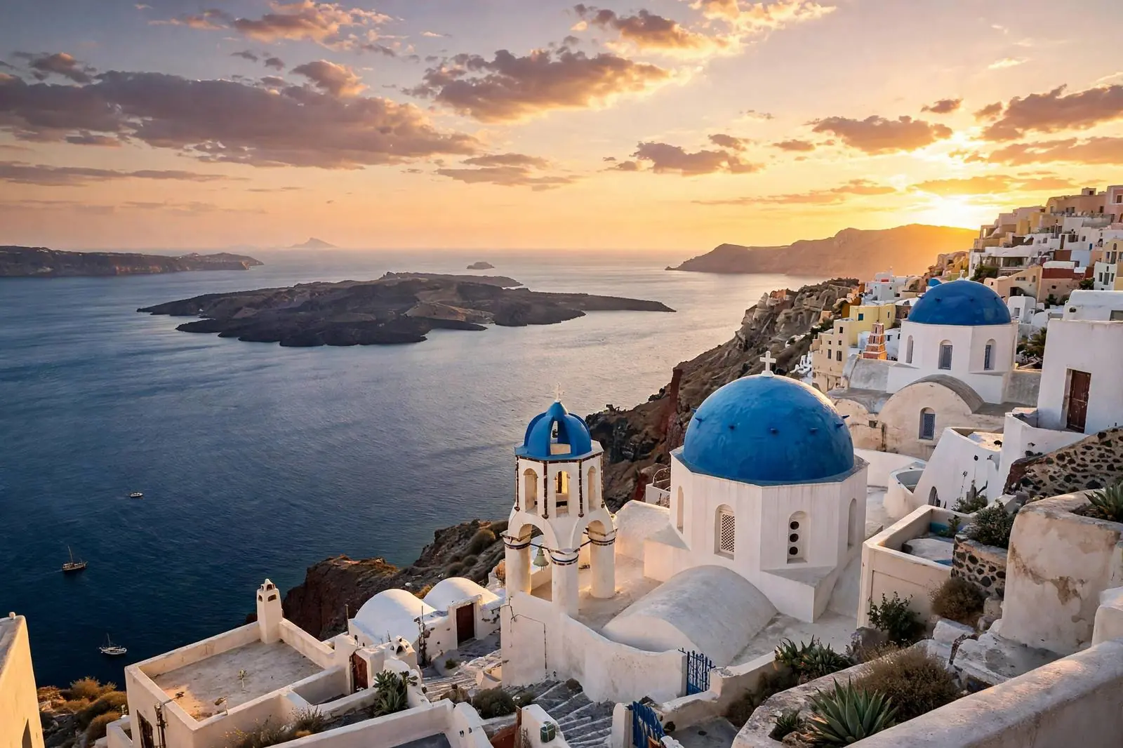 Whitewashed villages and blue domes in the Cyclades islands Greece