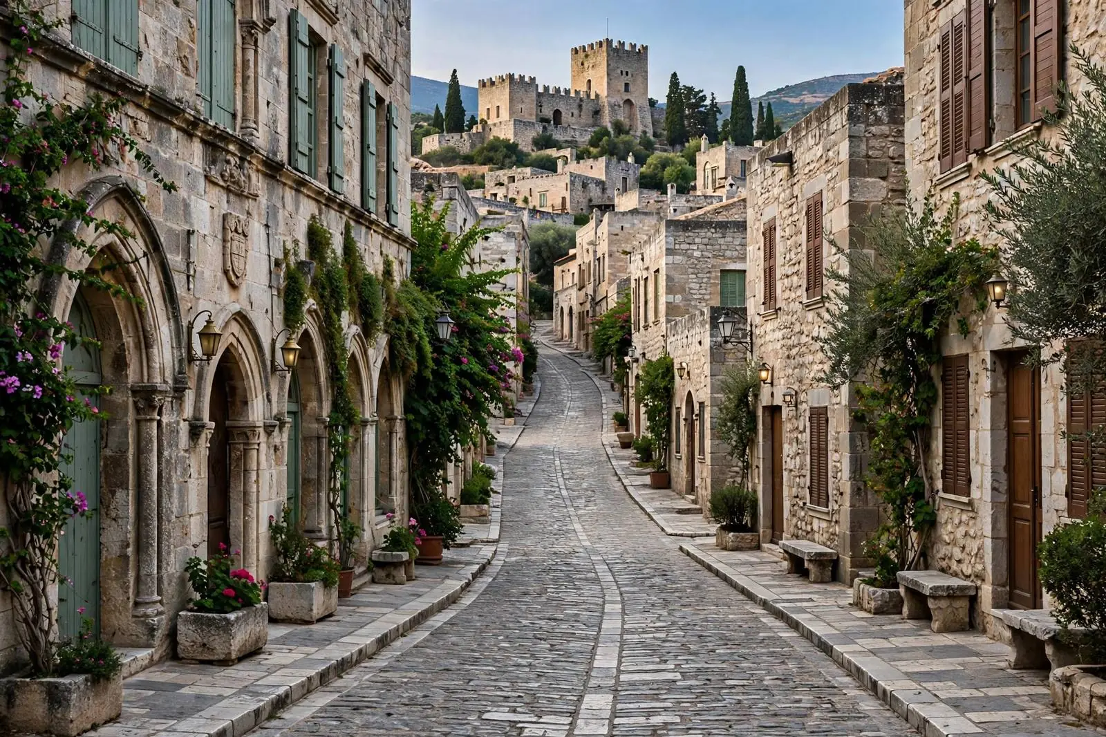 Rhodes medieval Old Town cobblestone street, Greek islands
