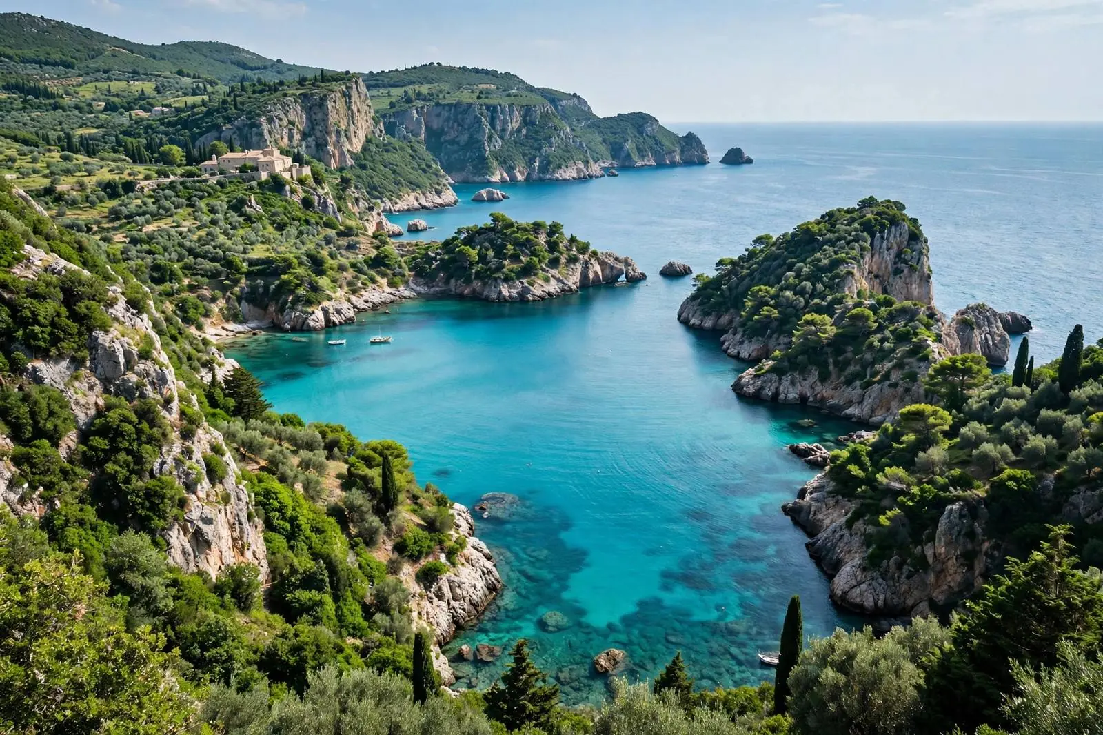 Corfu Paleokastritsa bay with turquoise water and green cliffs, Greek islands