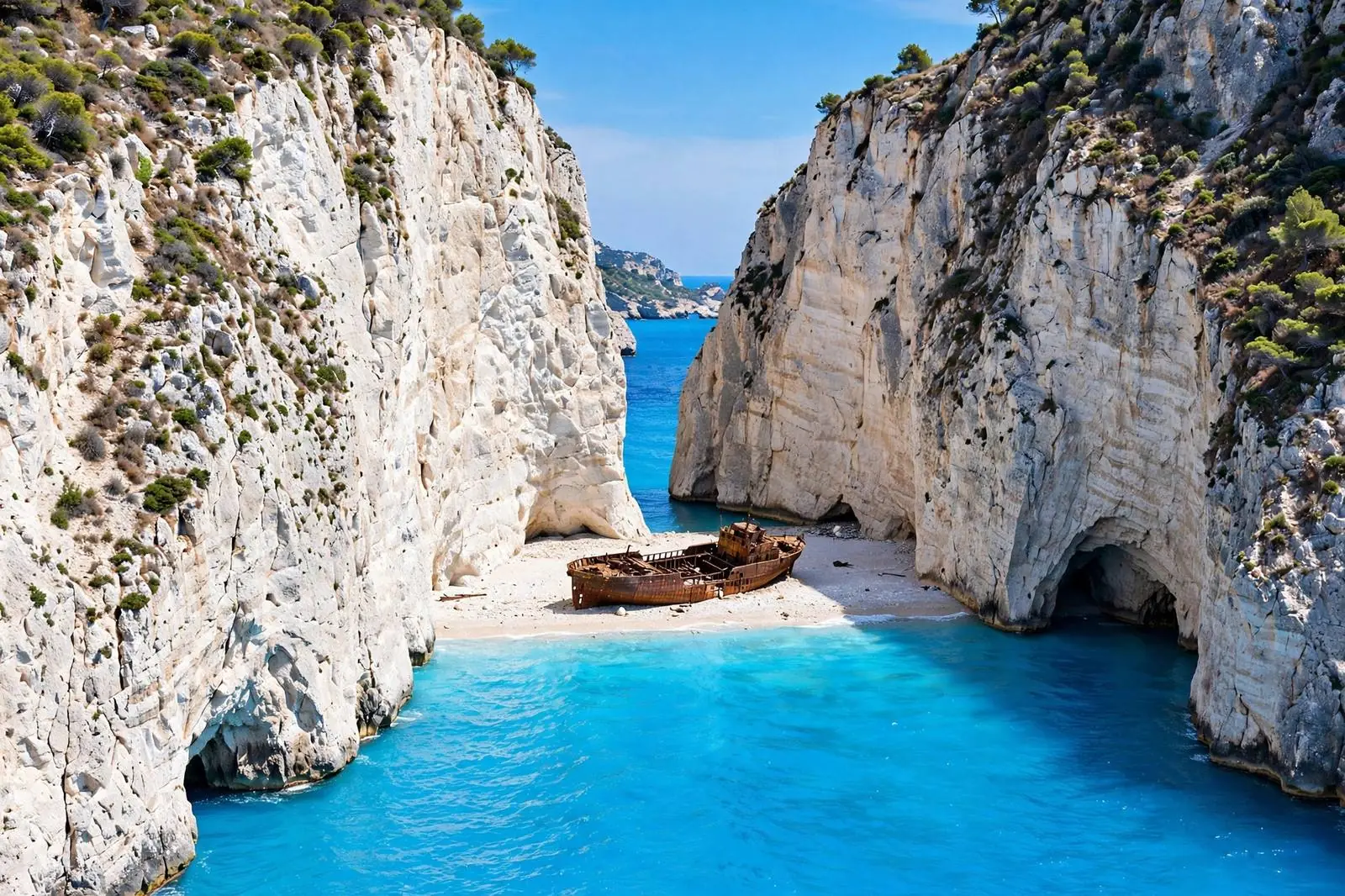 Zakynthos Navagio shipwreck beach with limestone cliffs, Greek islands