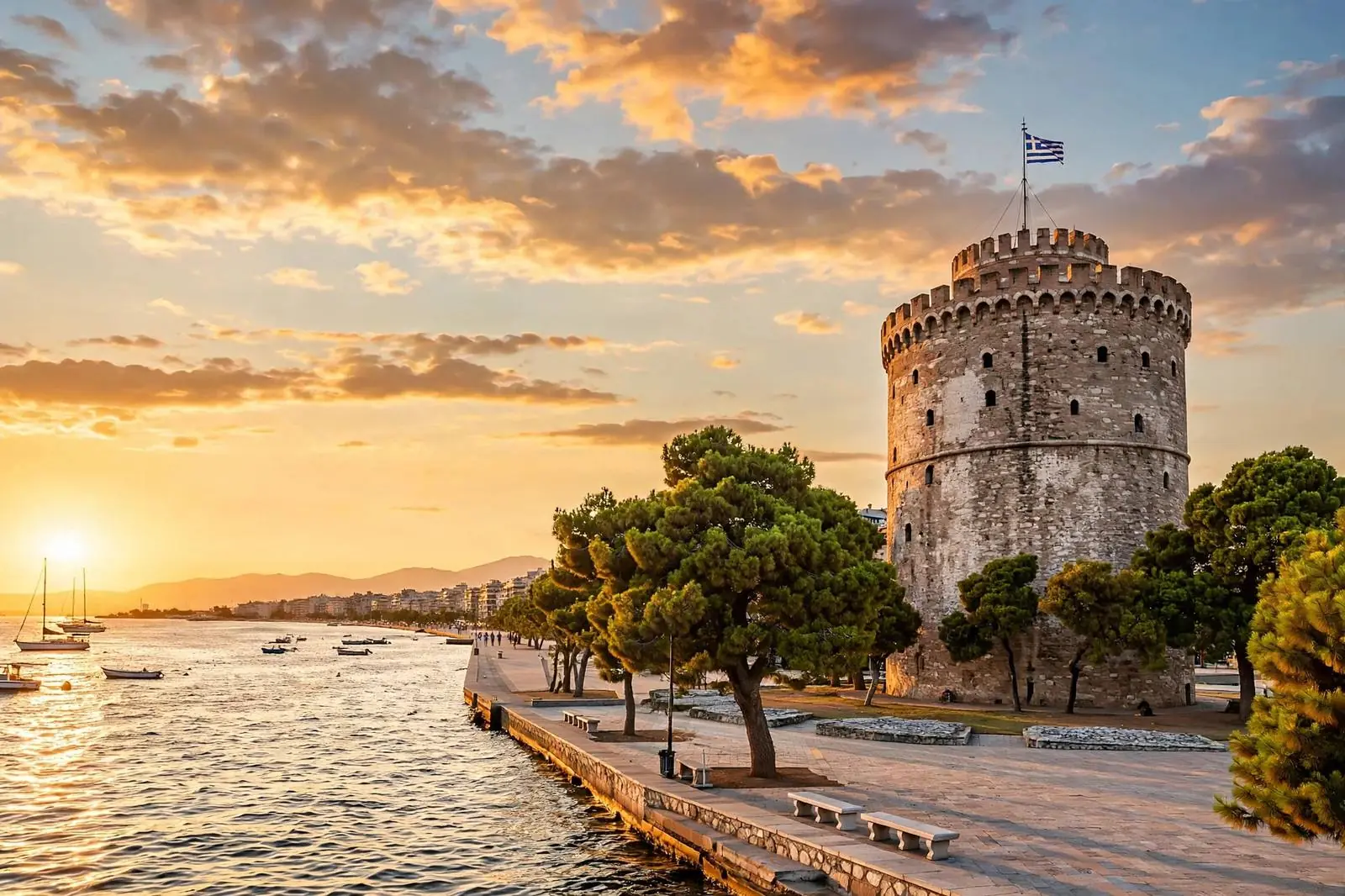 Thessaloniki White Tower on the waterfront at golden hour, Greece
