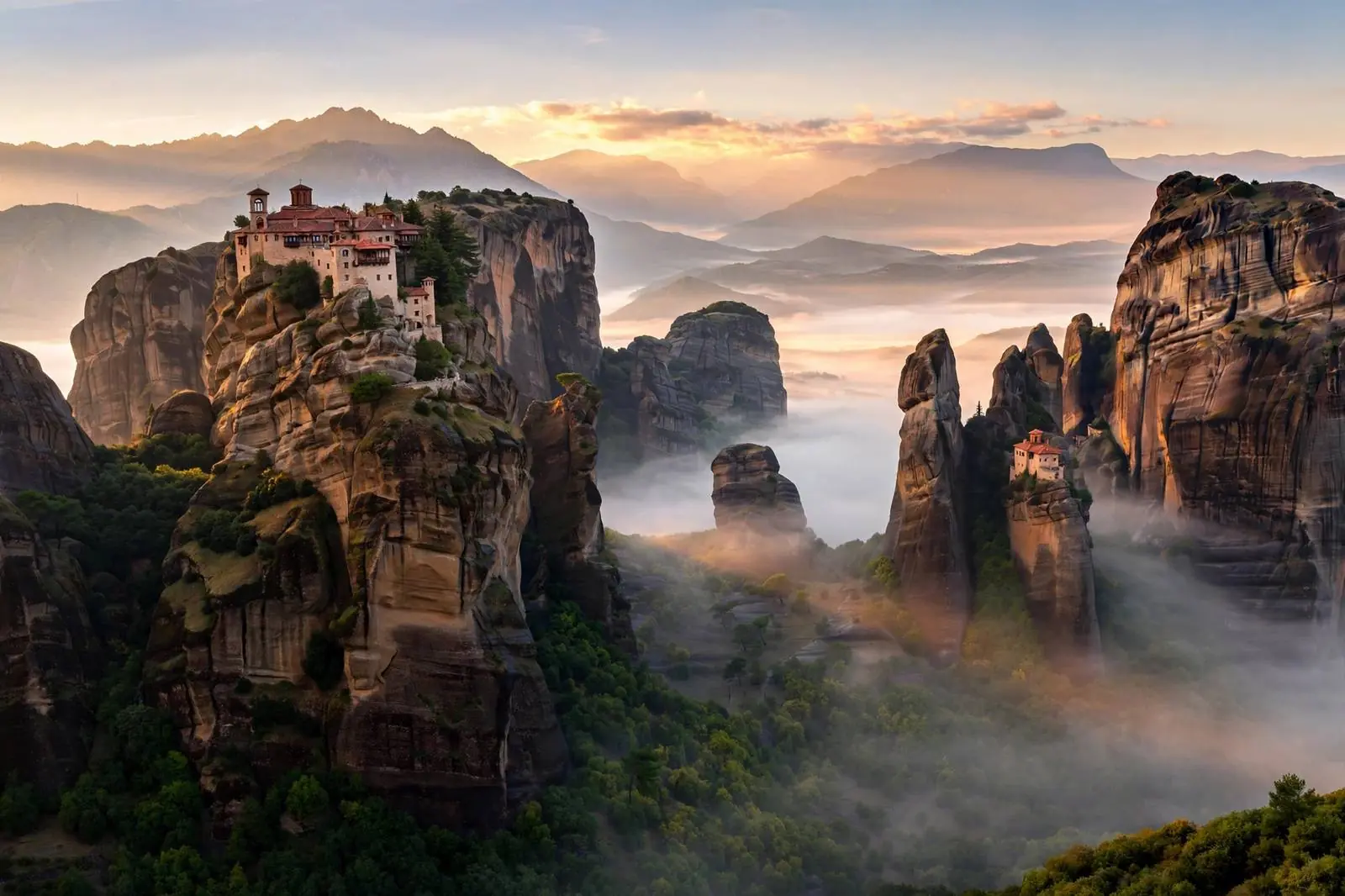Meteora monasteries perched on rock pillars in Greece