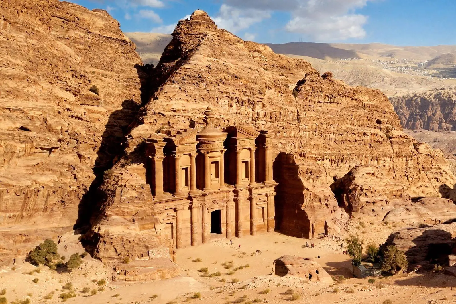 Petra Monastery massive carved facade in the Jordan desert