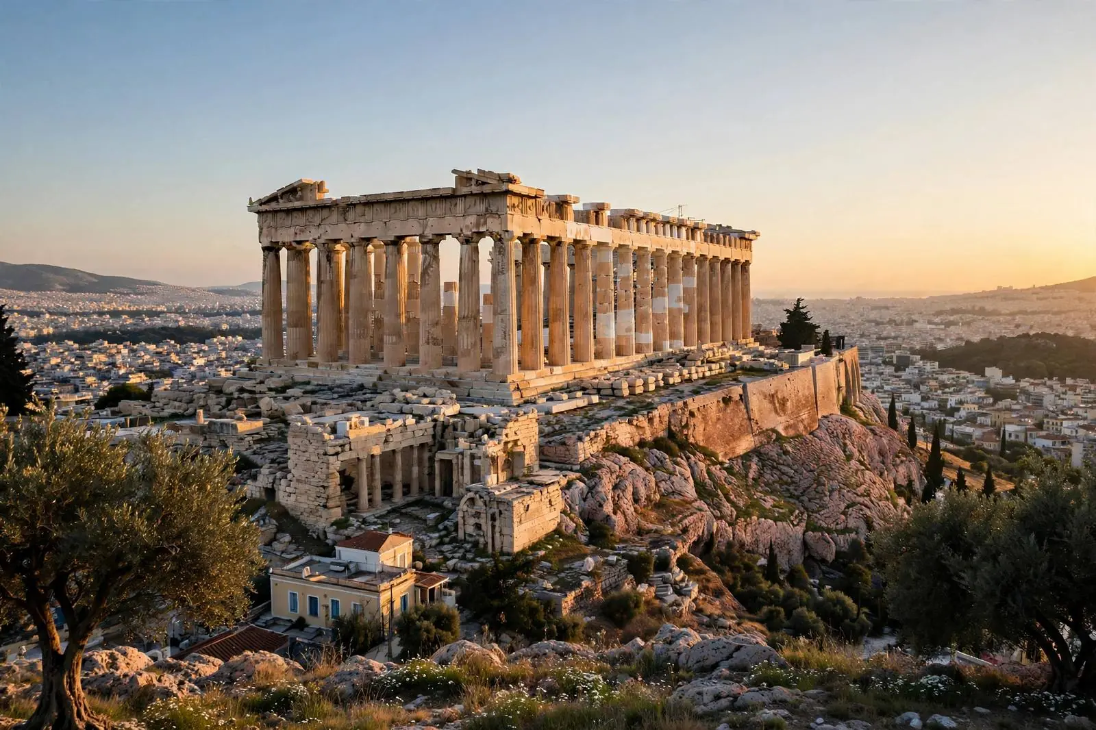 The Parthenon on the Acropolis hill above Athens, Greece at sunrise