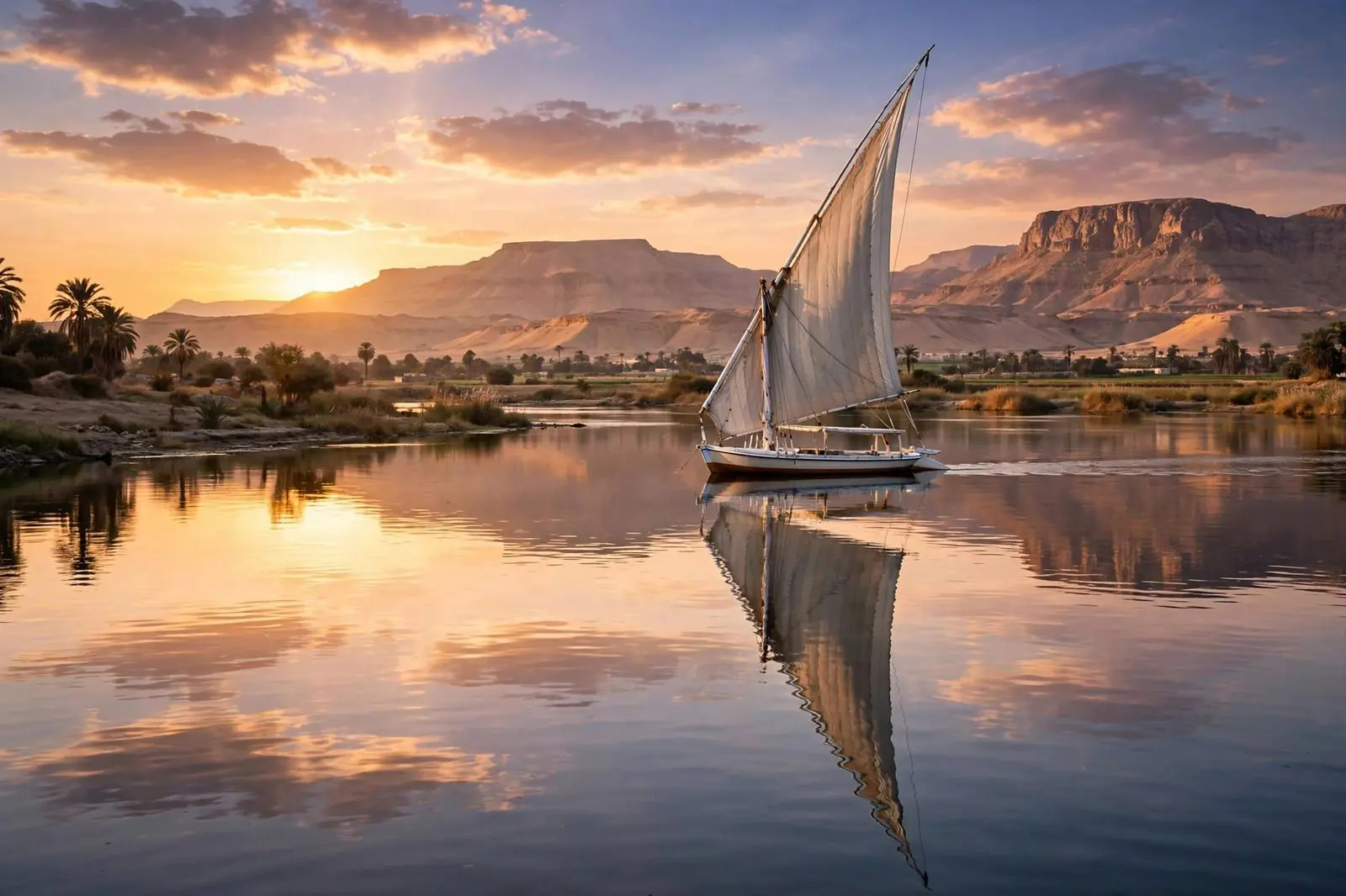 Felucca sailboat on the Nile at sunset near Luxor, best time to visit Egypt