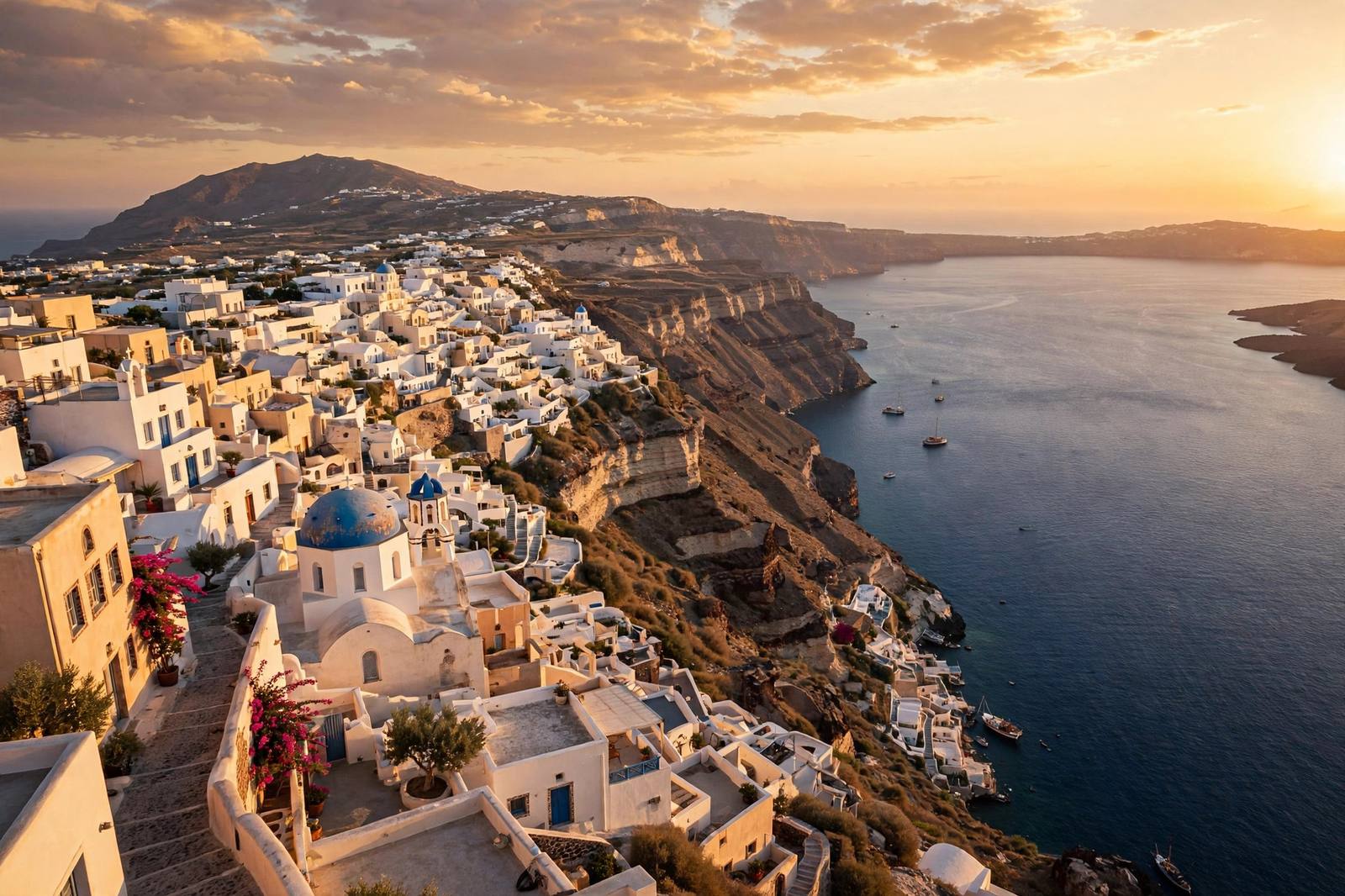 Whitewashed buildings overlooking the Santorini caldera at golden hour, Greece