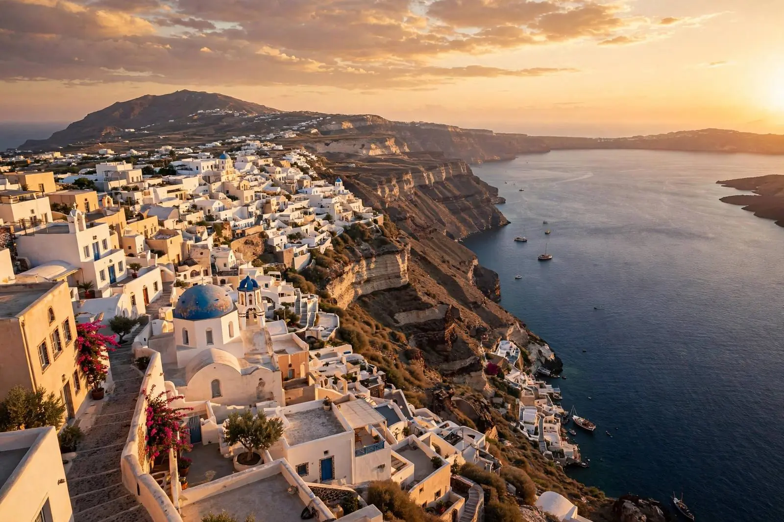 Whitewashed buildings overlooking the Santorini caldera at golden hour, Greece