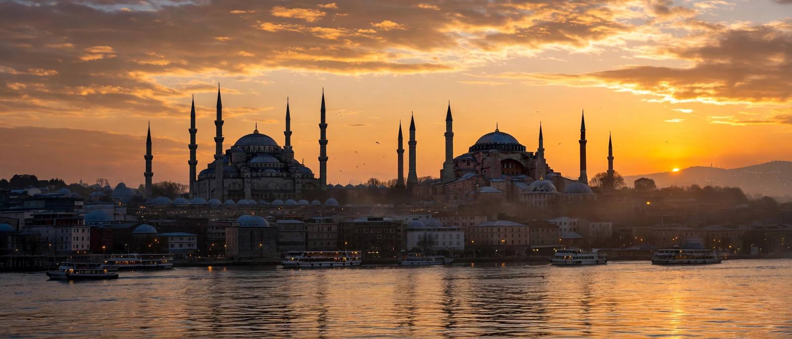 Hagia Sophia and Blue Mosque with minarets at dusk, Istanbul, Turkey