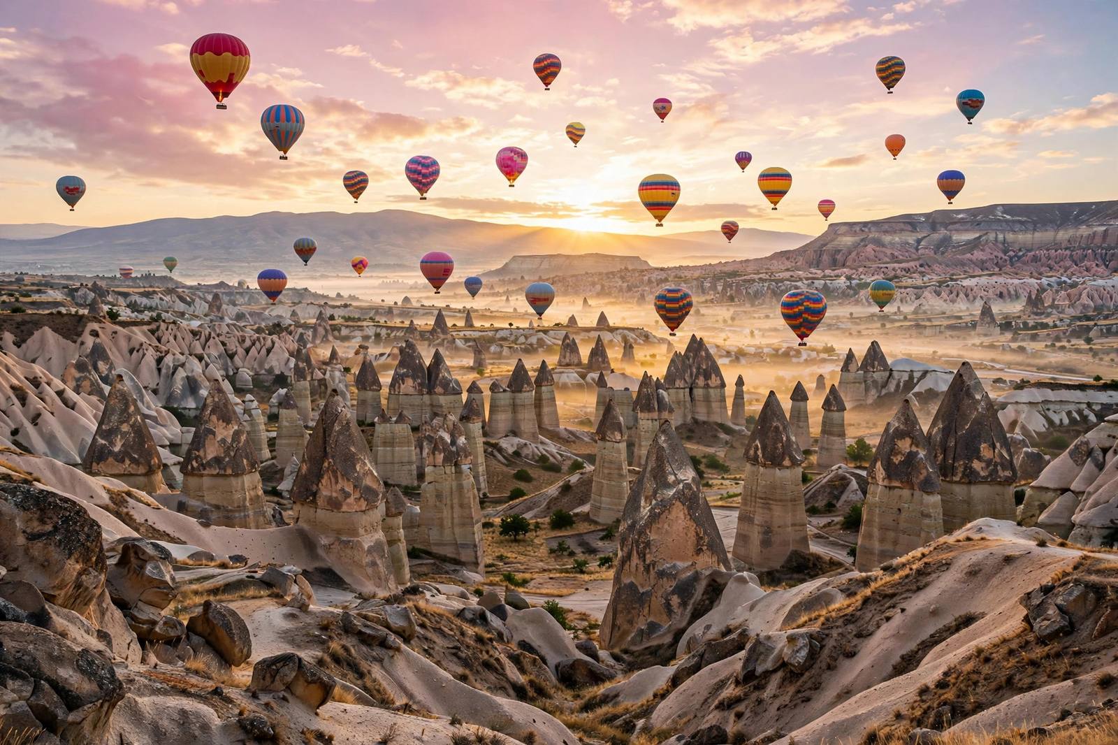 Hot air balloons over fairy chimney rock formations at sunrise, Cappadocia, Turkey