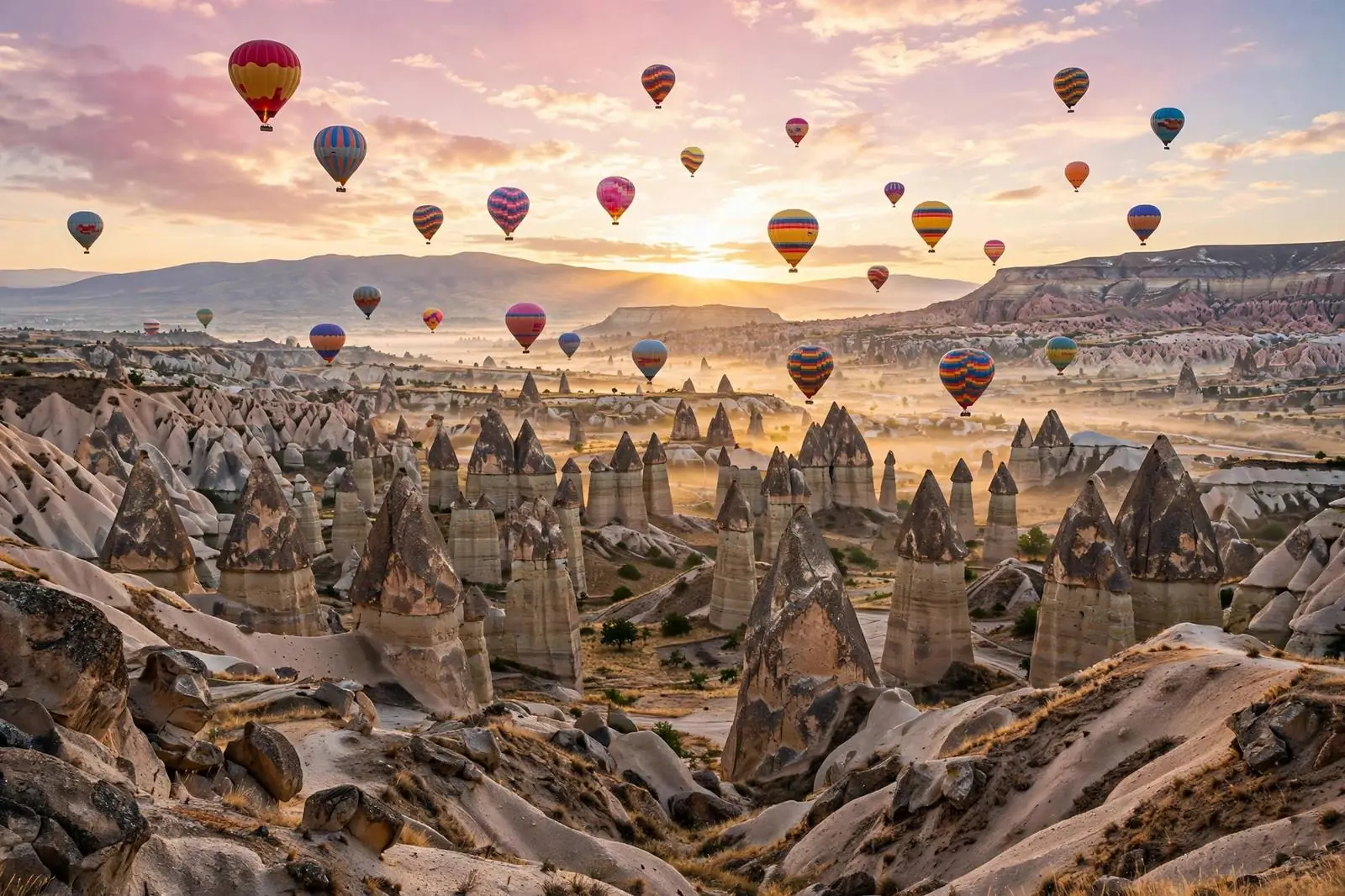 Hot air balloons over fairy chimney rock formations at sunrise, Cappadocia, Turkey