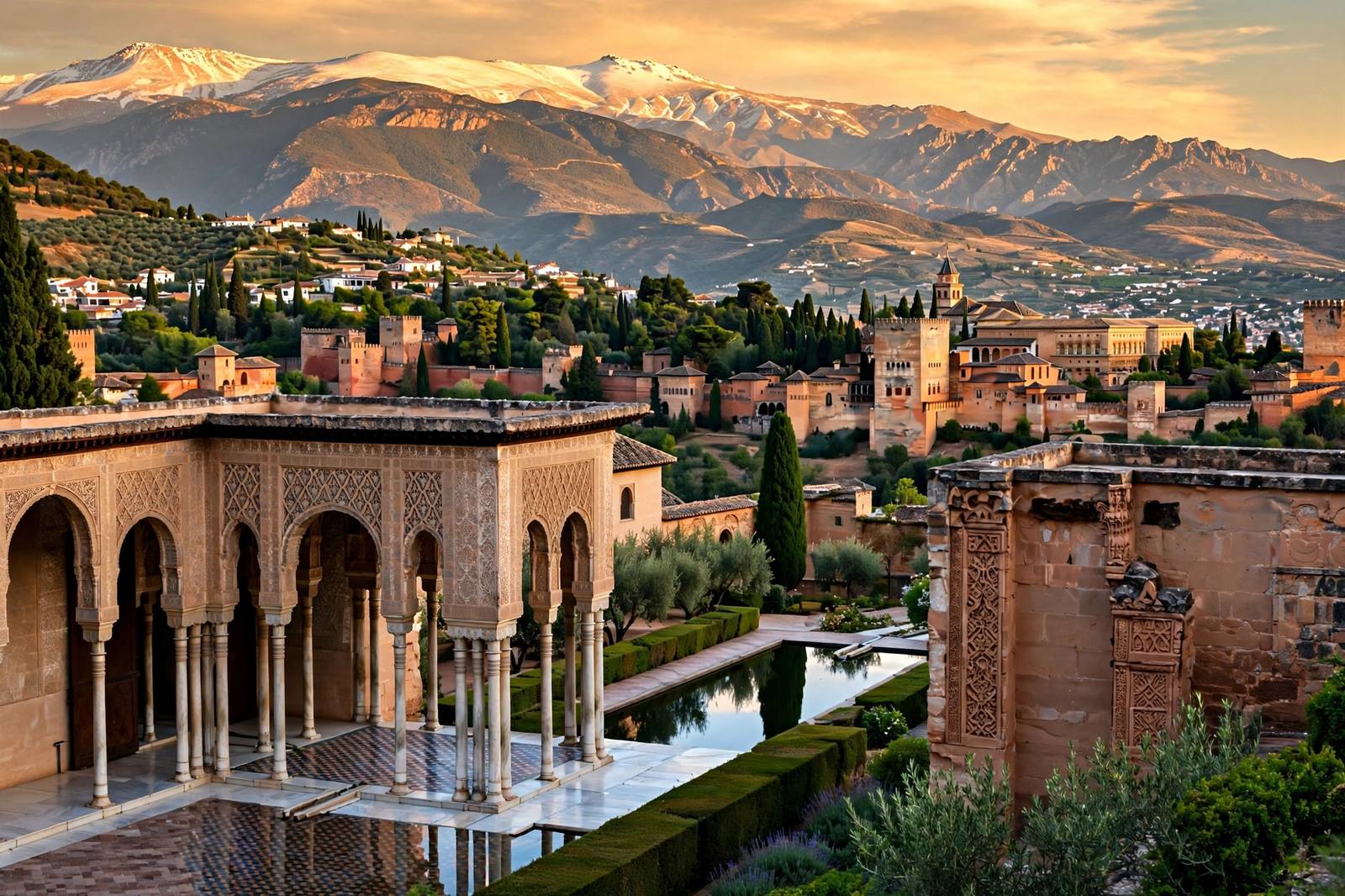 Alhambra palace Moorish arches with Sierra Nevada mountains, Granada Spain