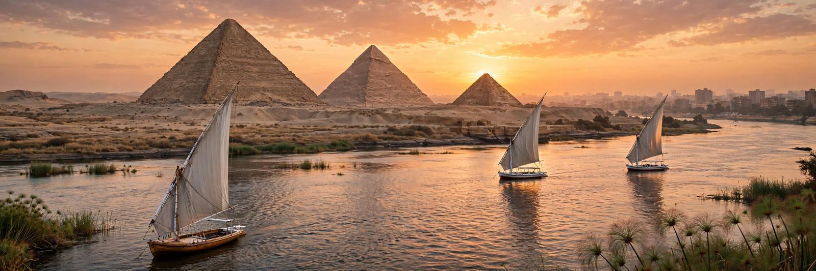 Pyramids of Giza with felucca sailboats on the Nile at sunset, Egypt