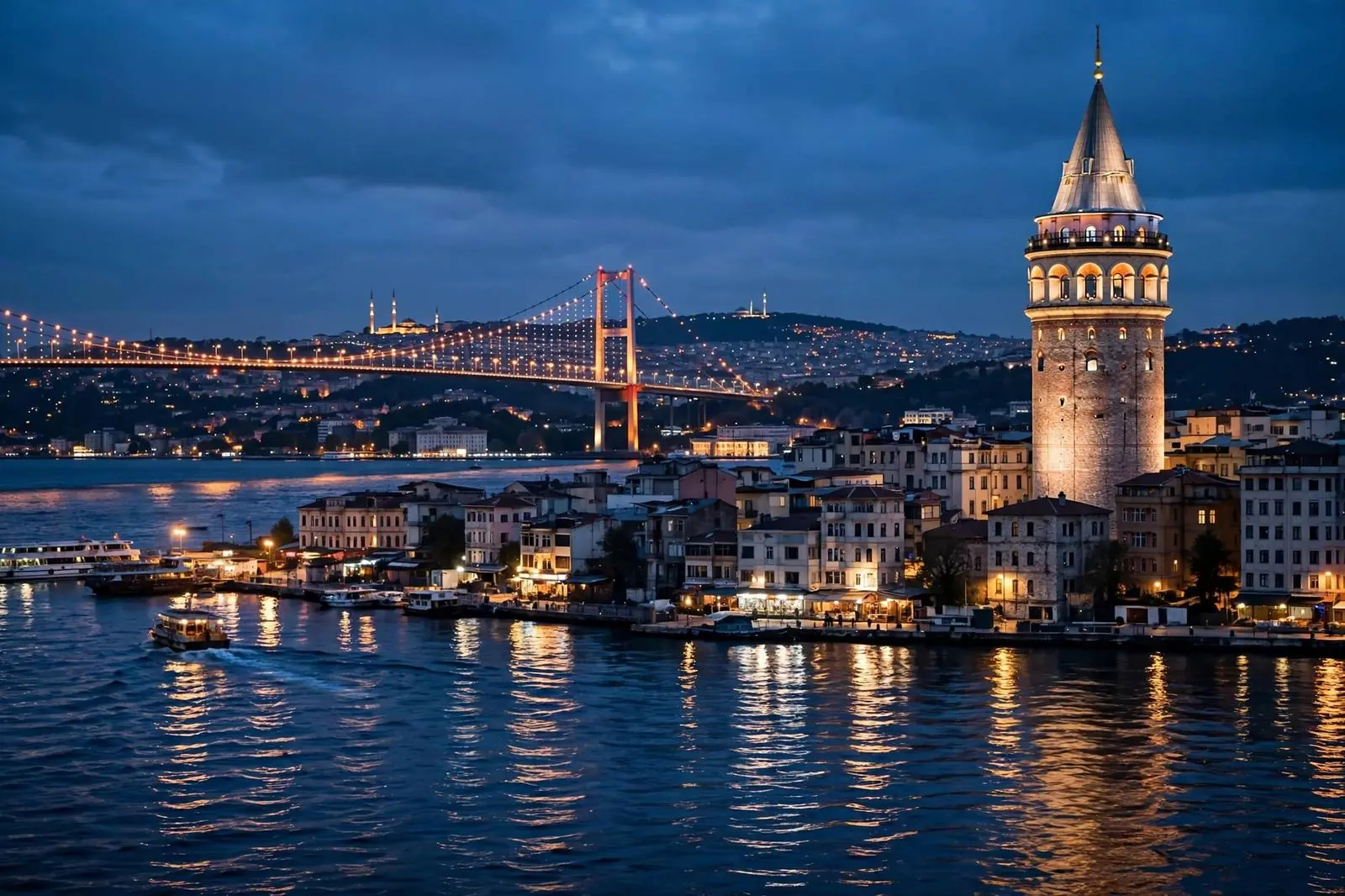 Galata Tower at blue hour with Bosphorus bridge lights, Istanbul