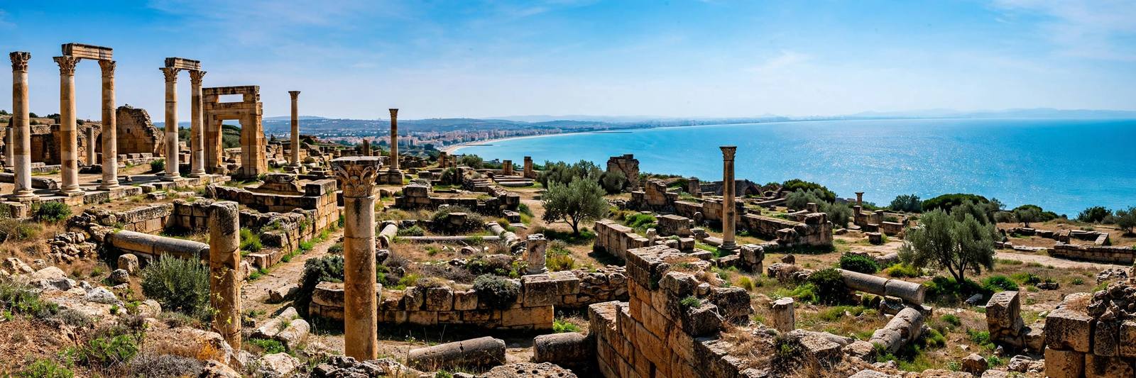 Ancient Carthage ruins with stone columns overlooking the Mediterranean, Tunisia