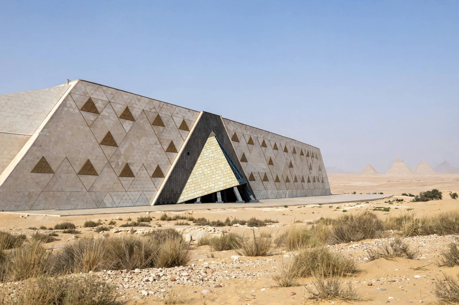 Grand Egyptian Museum exterior near the Giza pyramids