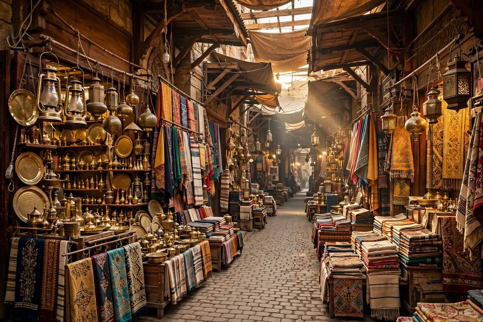 Khan el-Khalili market street with hanging lanterns in Cairo