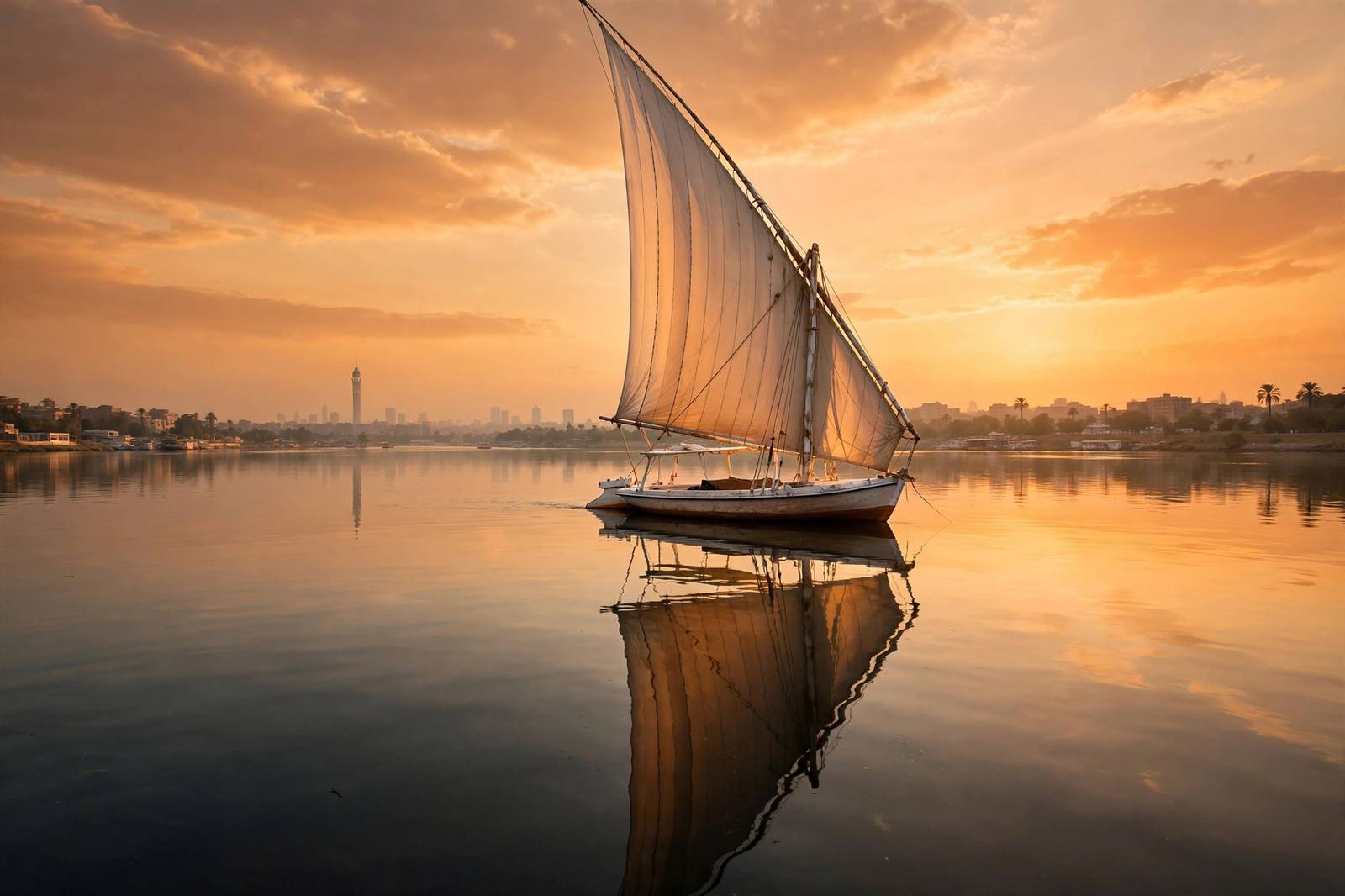Felucca sailboat on the Nile at sunset with Cairo skyline