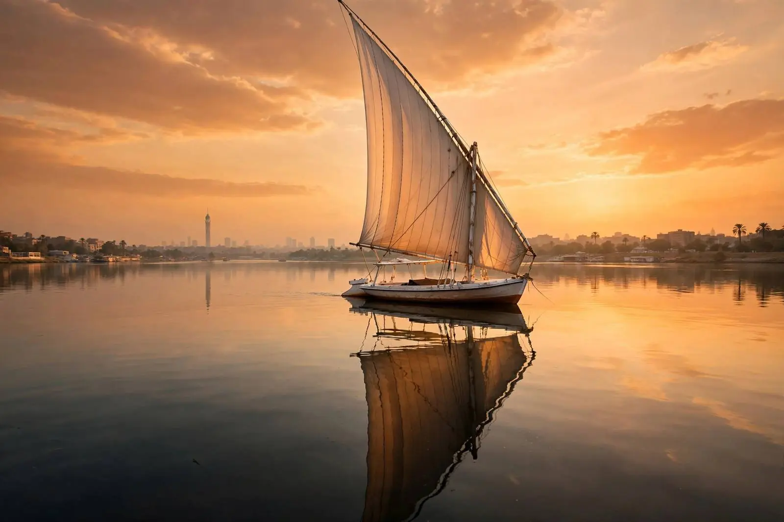 Felucca sailboat on the Nile at sunset with Cairo skyline