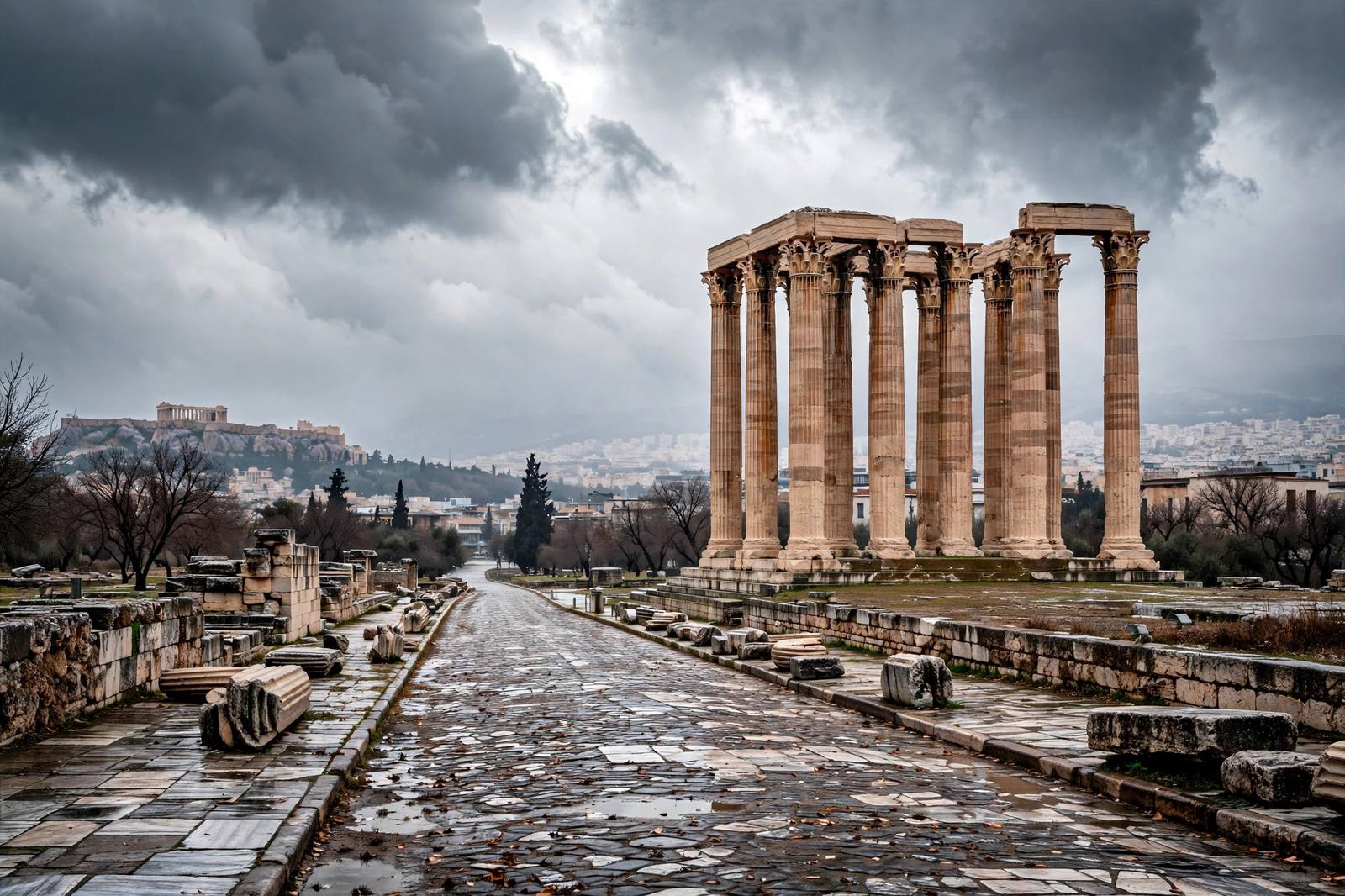 Temple of Olympian Zeus in Athens on a moody winter day