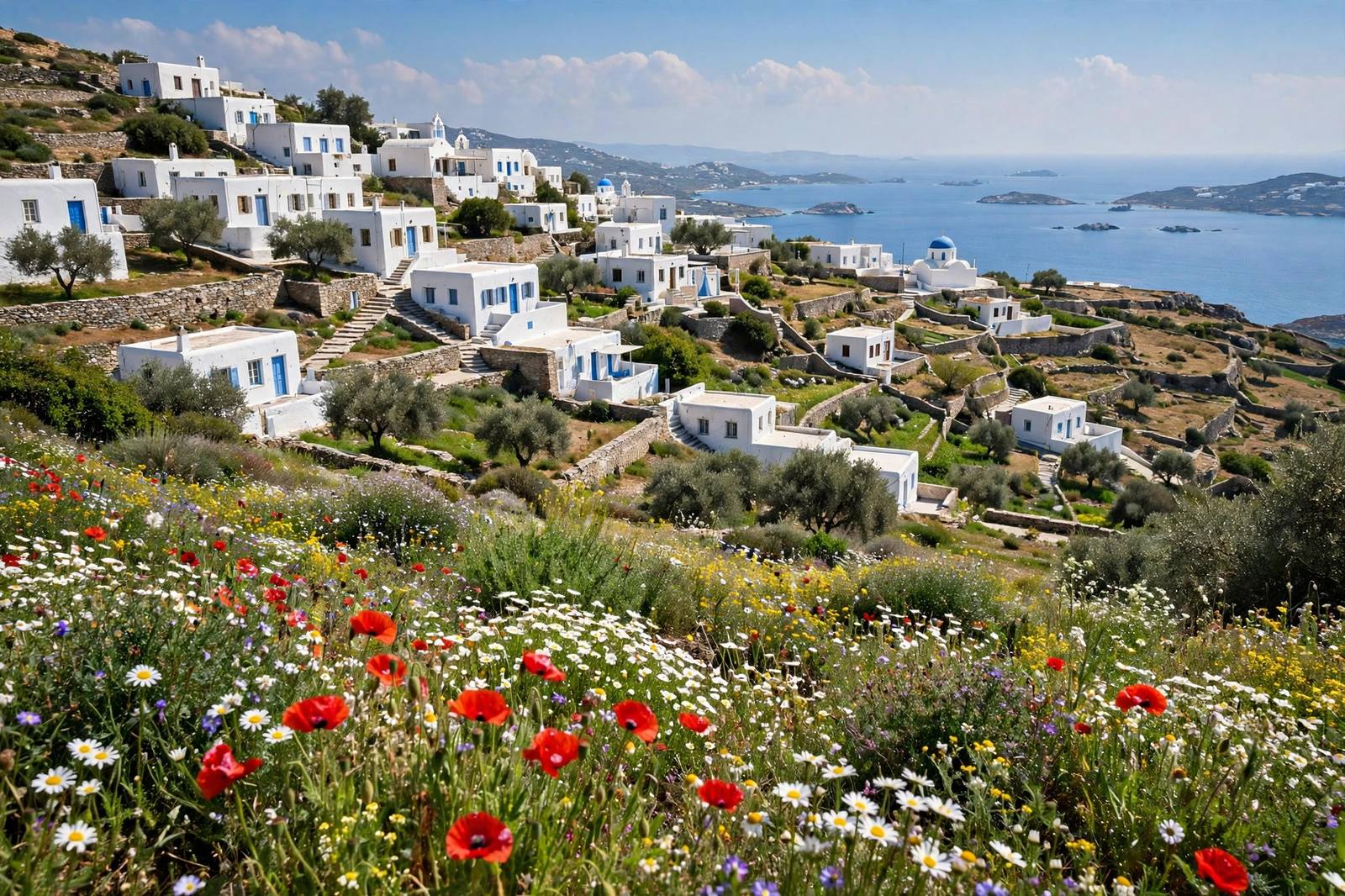 Greek island village in spring with wildflowers