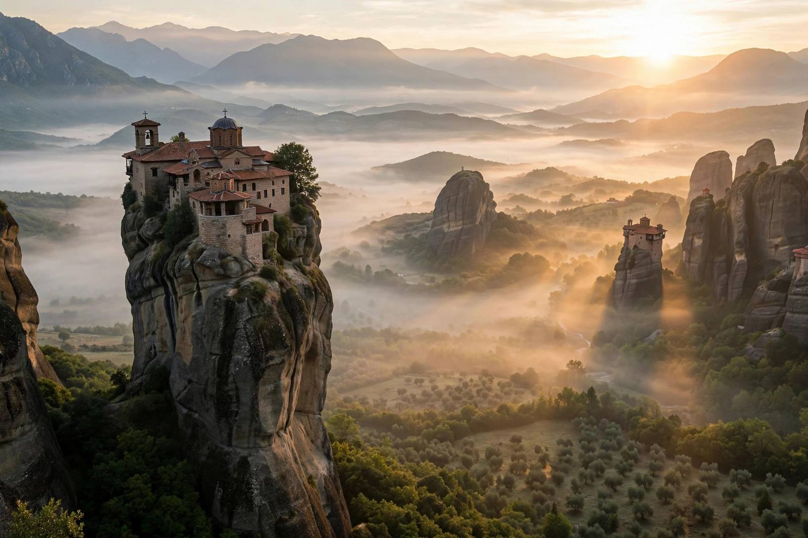 Meteora monasteries on rock pillars in morning mist