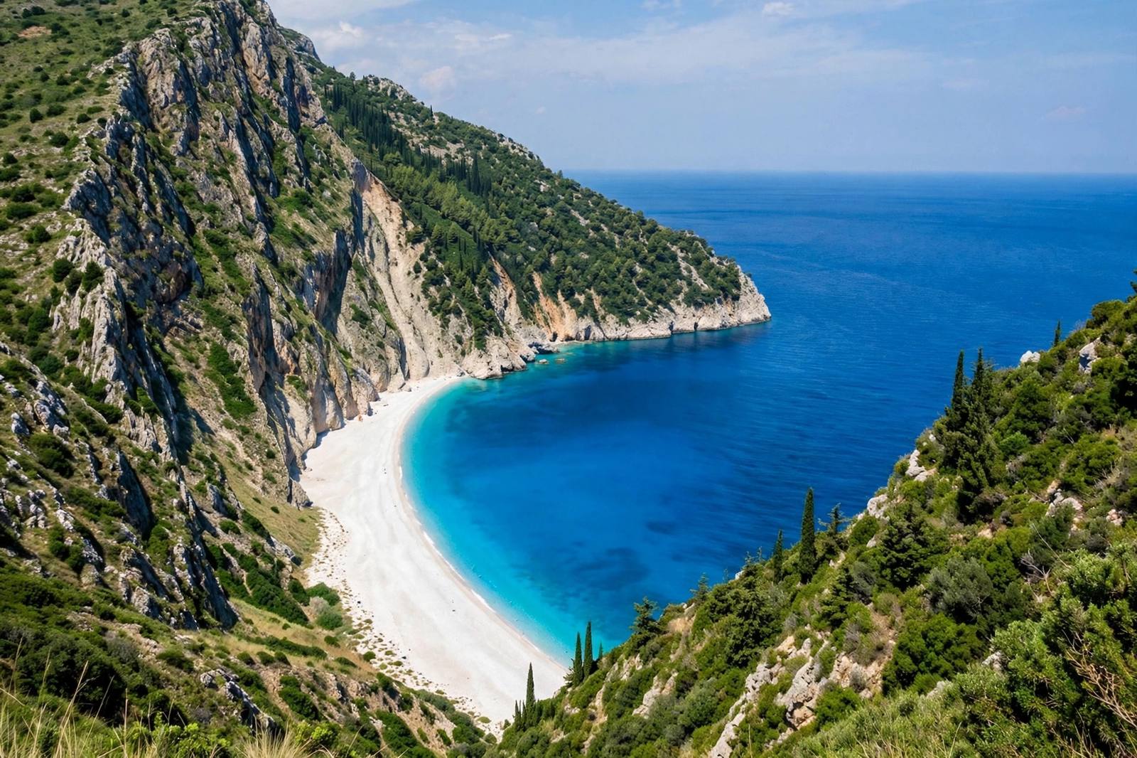 Myrtos beach Kefalonia between steep cliffs