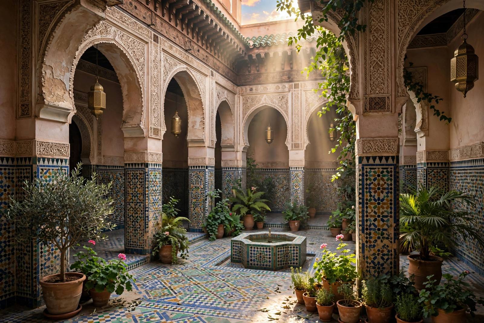 Sunlight streaming through traditional Marrakech riad courtyard with mosaic tiles
