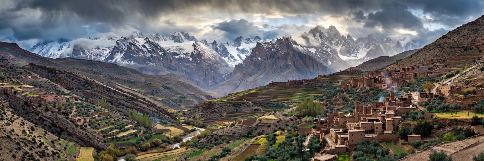 High Atlas mountain peaks with terraced Berber villages, Morocco