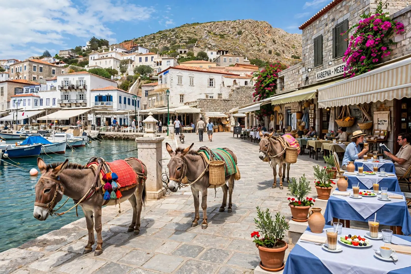 Donkeys on Hydra harbor waterfront, the car-free island in Greece