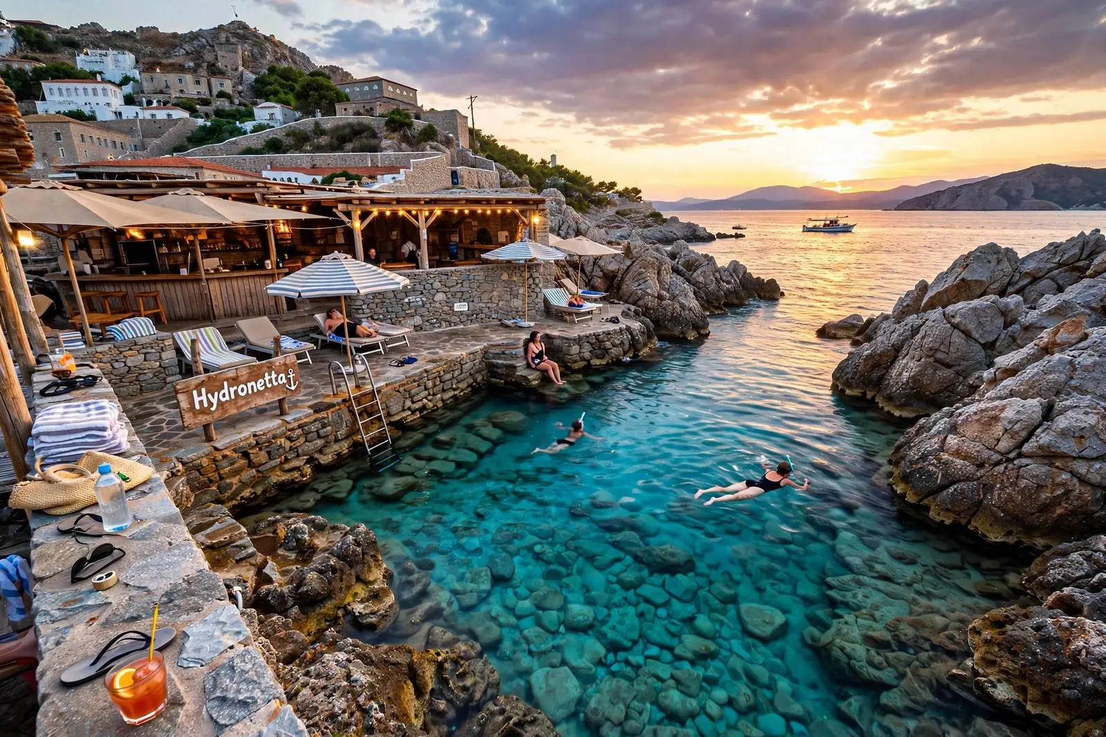Swimmers at Hydronetta beach club on Hydra at sunset, Greece