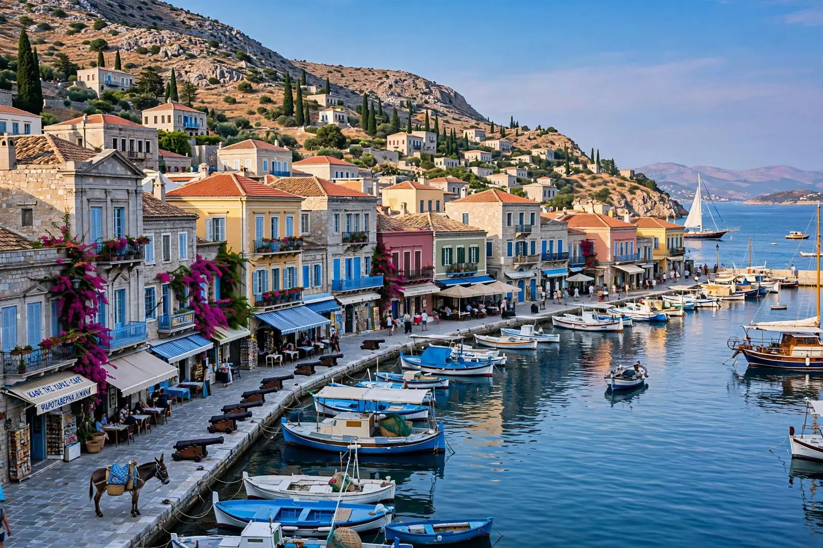 Hydra island harbor with traditional stone mansions and boats